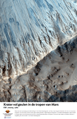 Krater vol geulen in de tropen van Mars